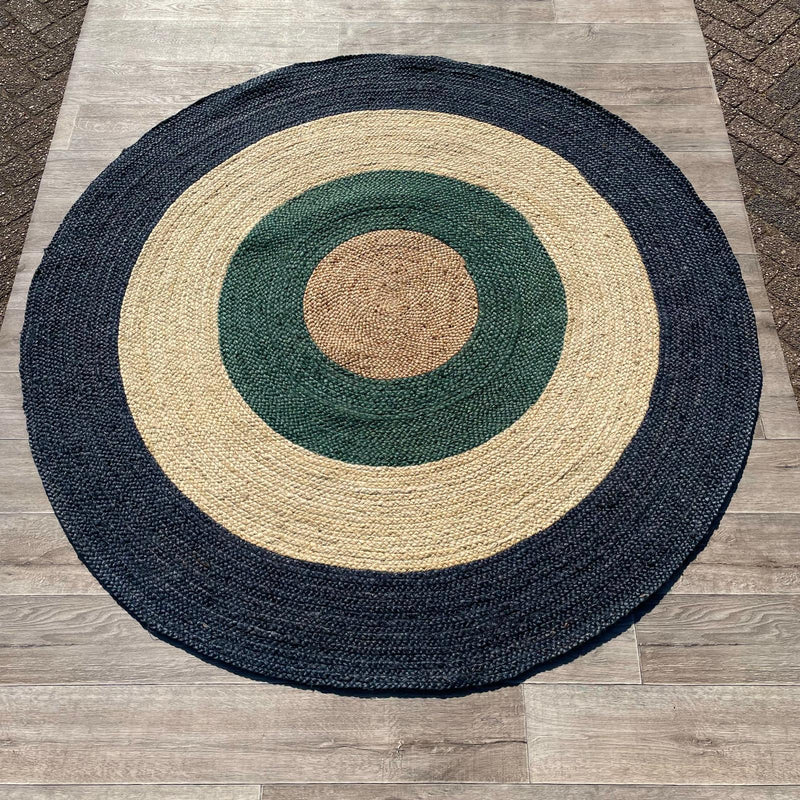 Brinker Jute Dart Teal Navy Rond Vloerkleed - 200x200cm - QF Living